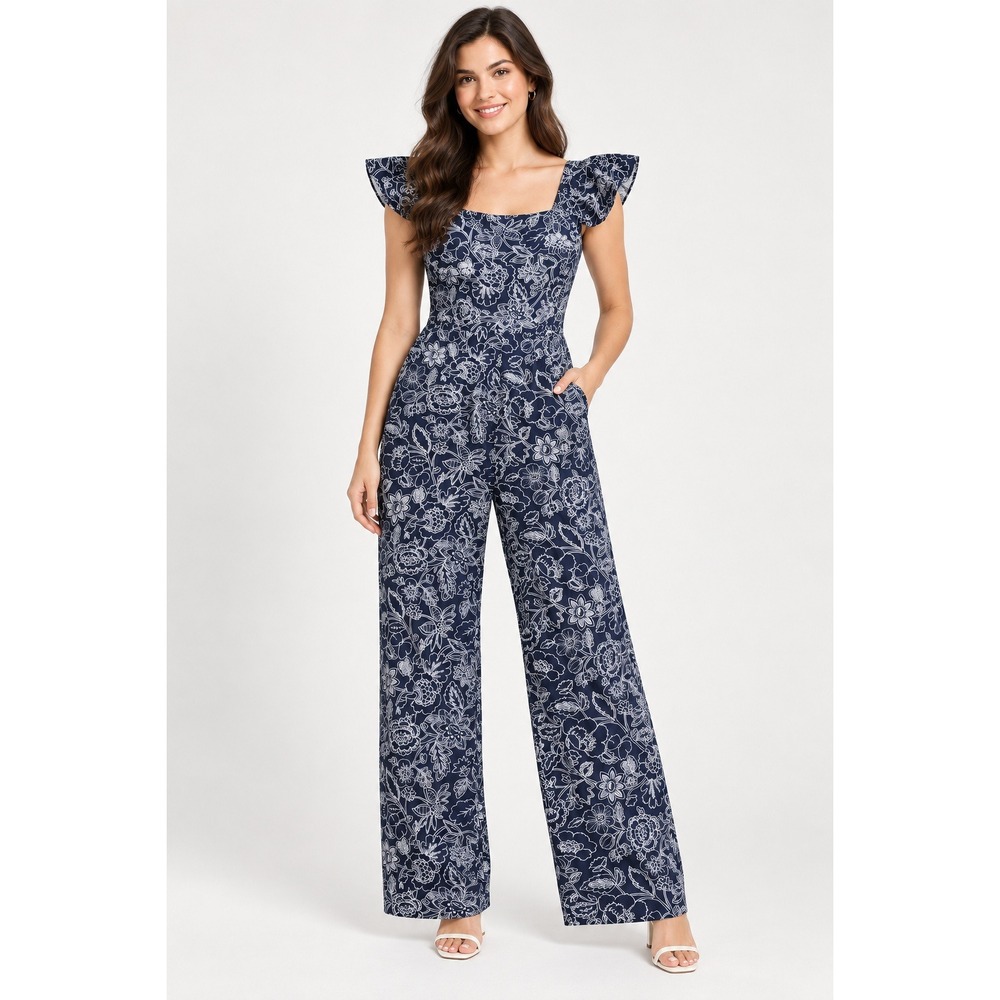 Loft Navy Blue White Floral Flutter Sleeve Wide Leg Jumpsuit Medium